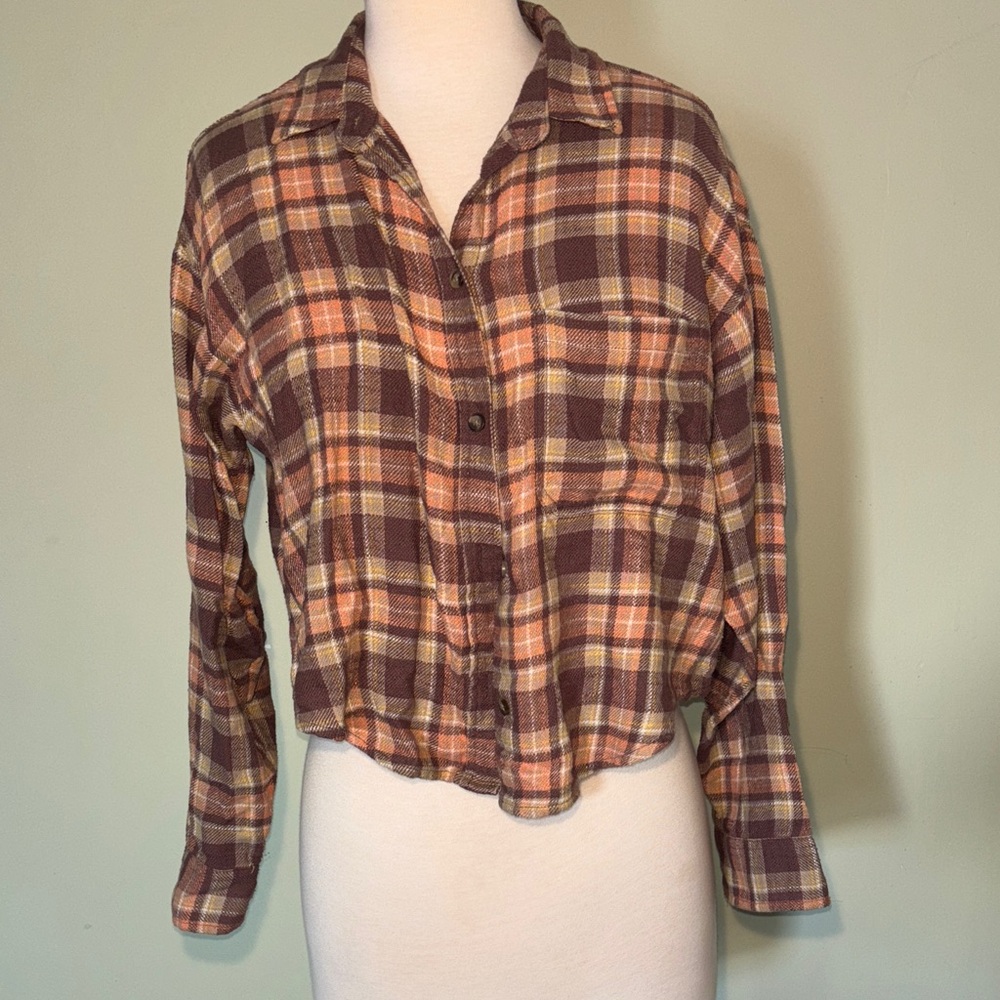 AMERICAN EAGLE Brown Plaid Tie-Front Women's button down Shirt size small - Picture 6 of 9